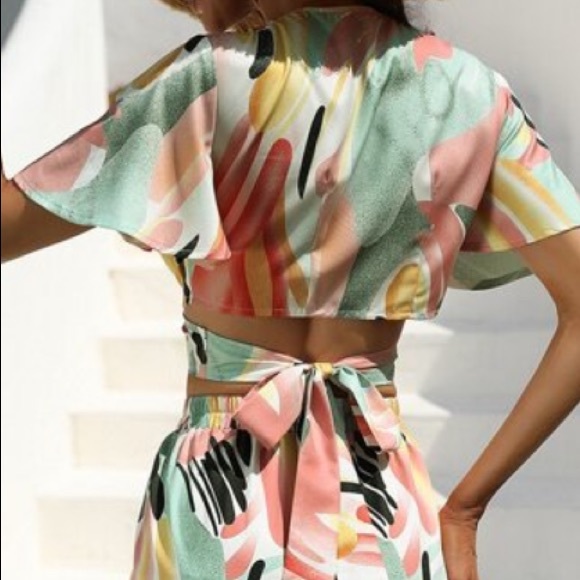 Boho Abstract Print WRAP Crop Top Wide Leg Trouser Pants - Picture 2 of 8